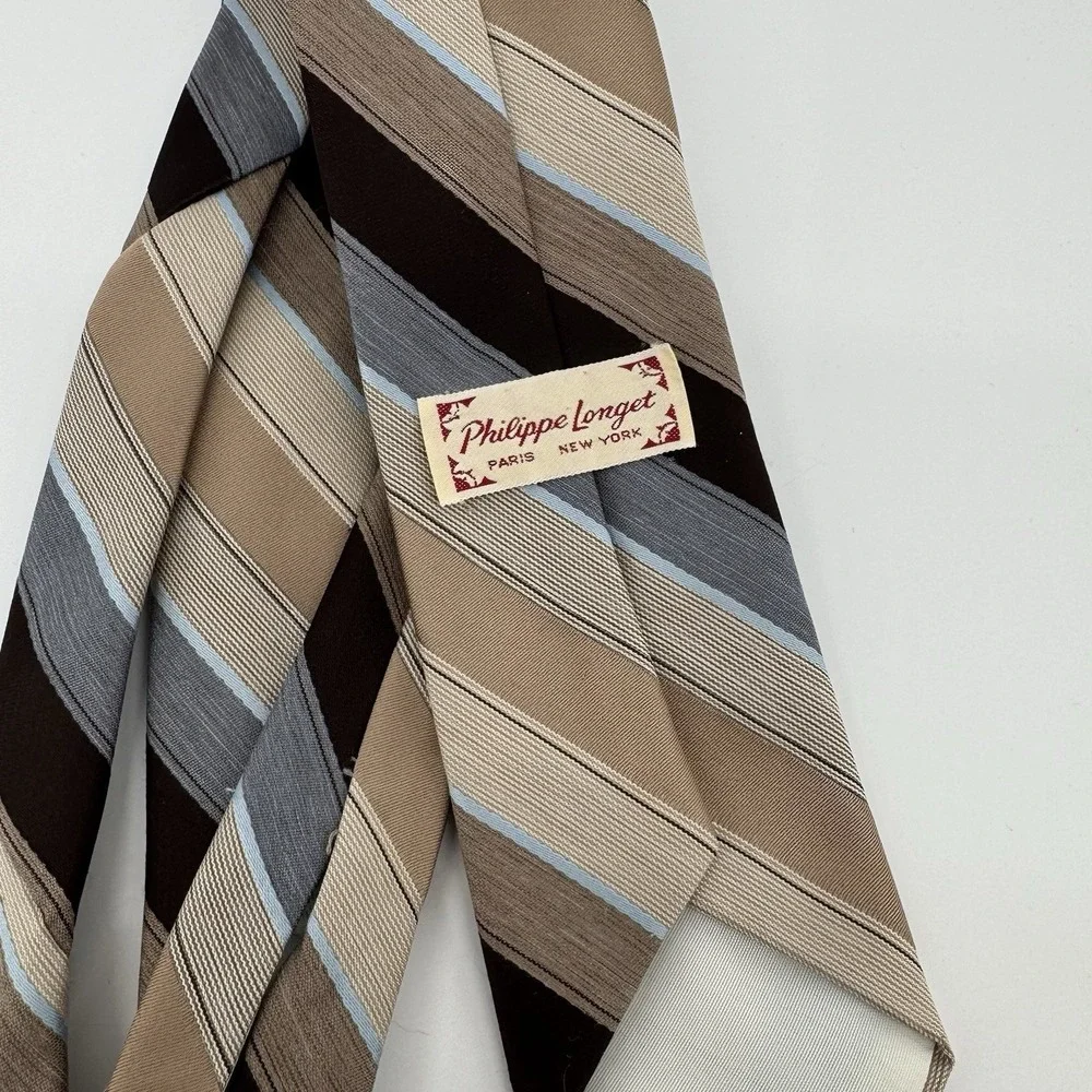 Vintage Philippe Longuet Paris NY Silk Tie Brown Blue Striped 56.5